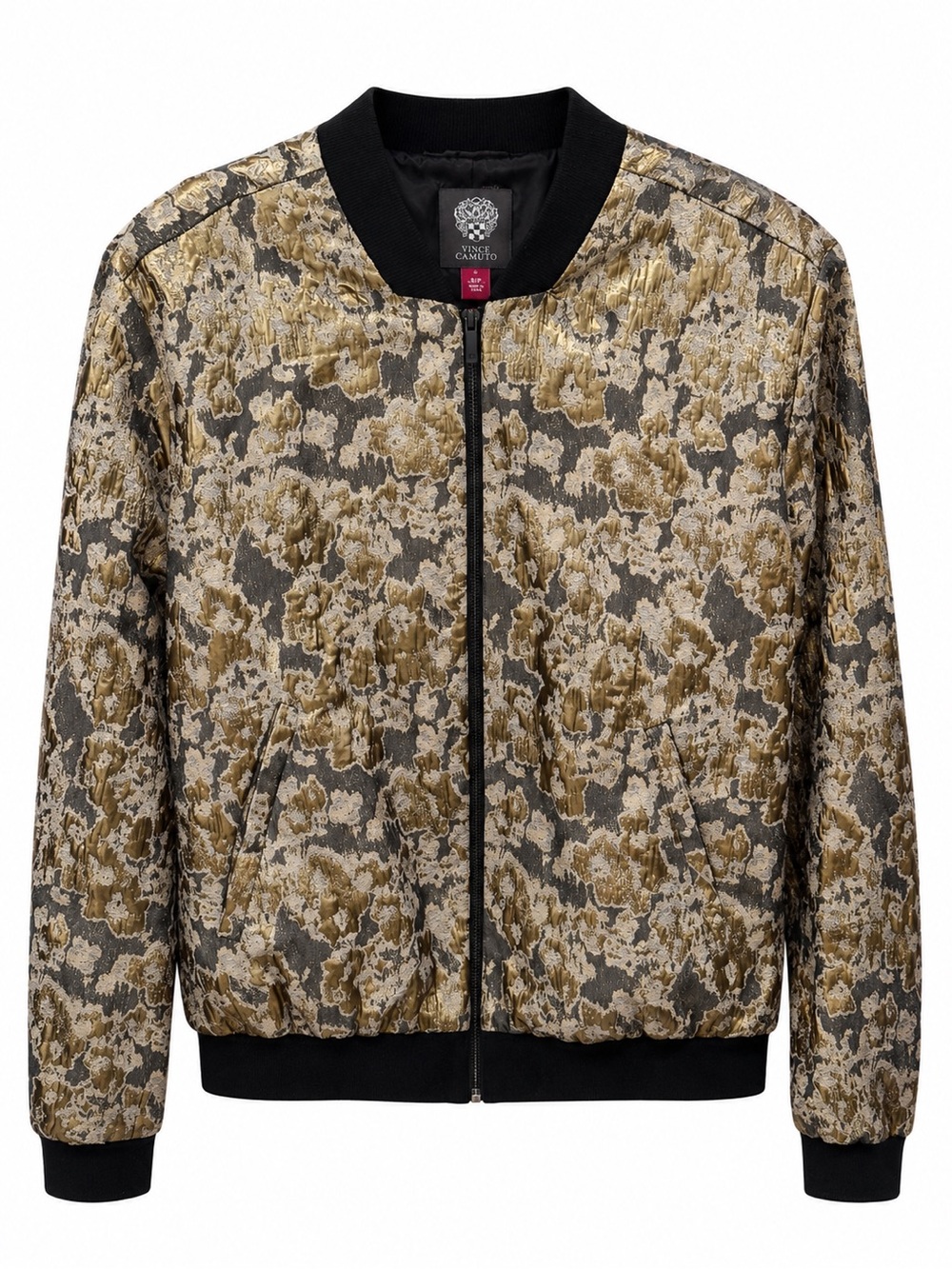 Vince Camuto Metallic Gold Floral Jacquard Bomber Jacket – Size Small